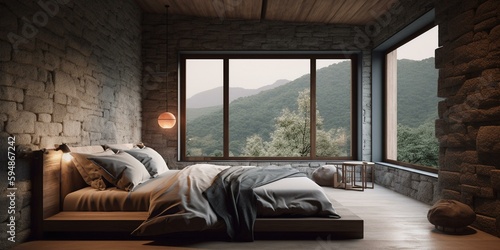 A serene Zen style Bedroom with a stone accent wall and cotton bedding, generative ai