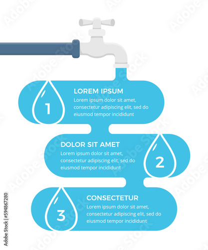 Infographic template with faucet and three water drops with numbers and text, vector eps10 illustration