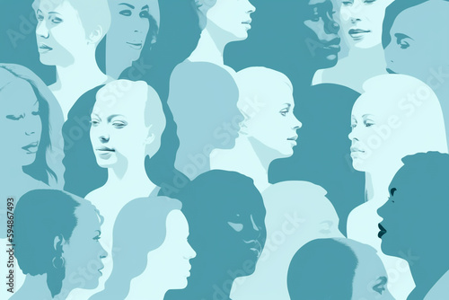 A simple monochrome collage / group of women's faces on a plain blue background.