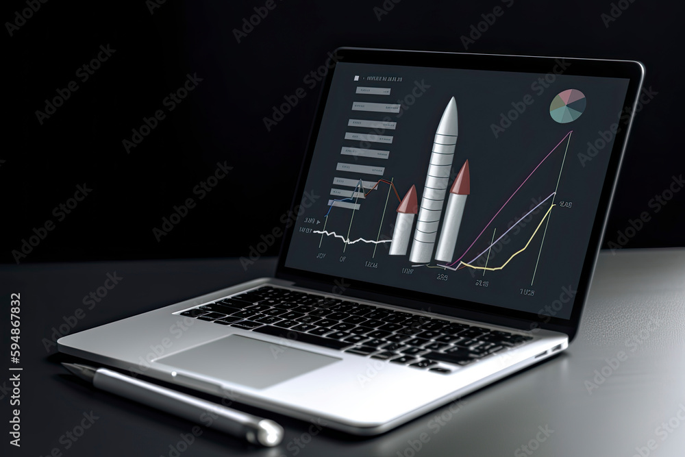Rocket from laptop start up concept.Abstract business chart with line graph Rocket from laptop start up concept.Abstract business chart with line graph