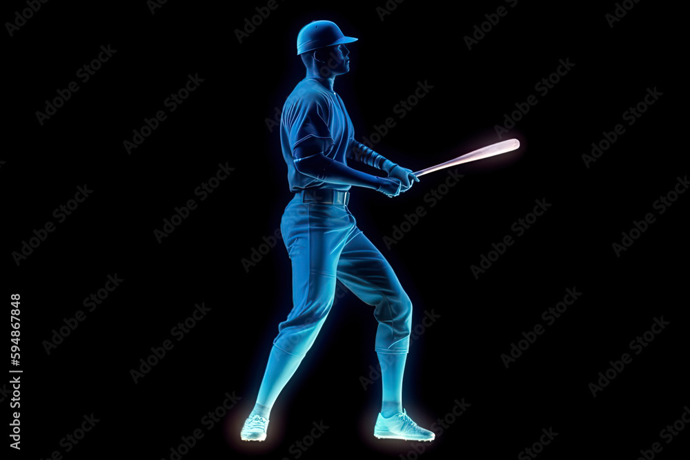 Obraz premium Silhouette, image of a baseball player with a bat on fire, blue hologram on a dark background. Sports concept