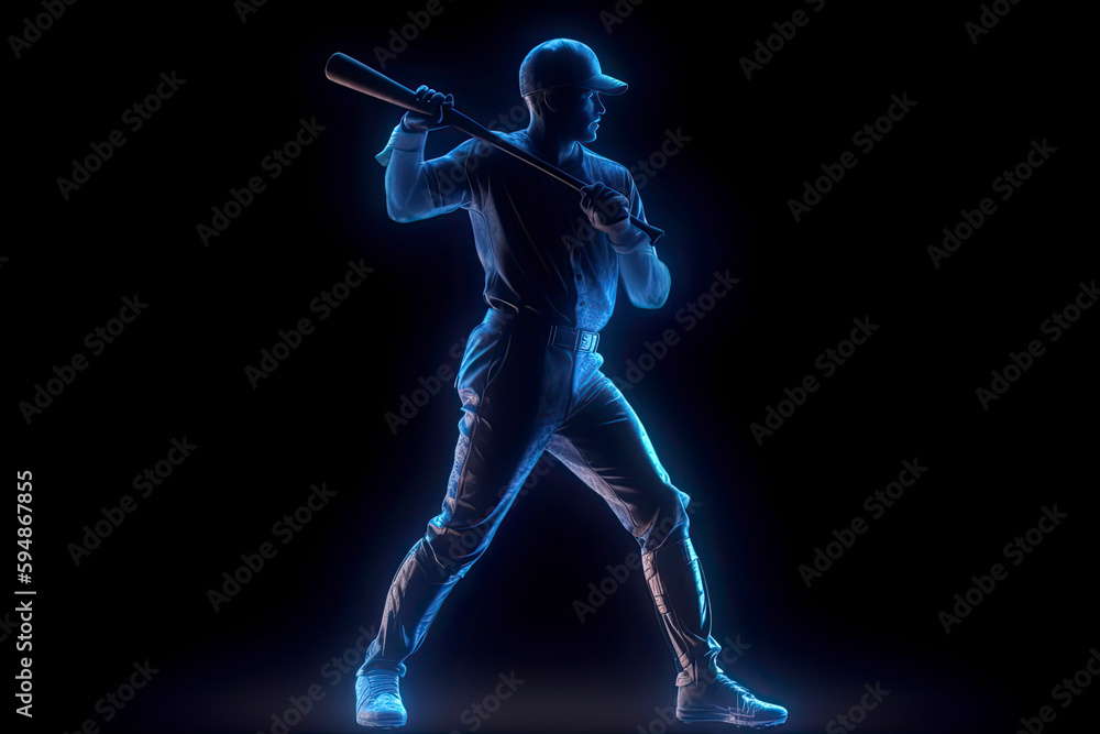 Silhouette, image of a baseball player with a bat on fire, blue hologram on a dark background. Sports concept