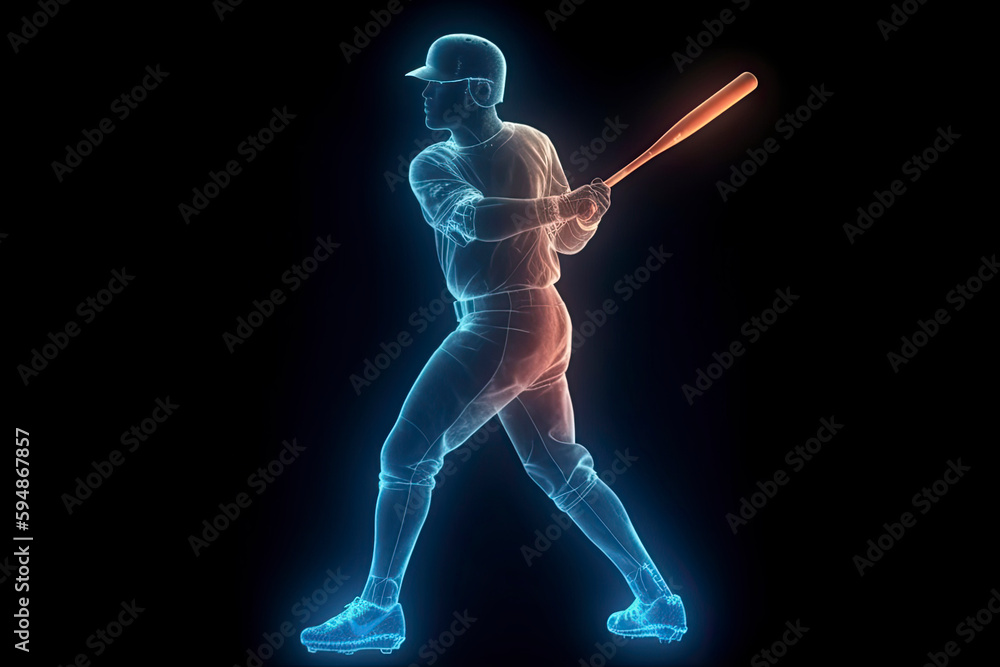 Silhouette, image of a baseball player with a bat on fire, blue hologram on a dark background. Sports concept Silhouette, image of a baseball player with a bat on fire, blue hologram on a dark background. Sports concept