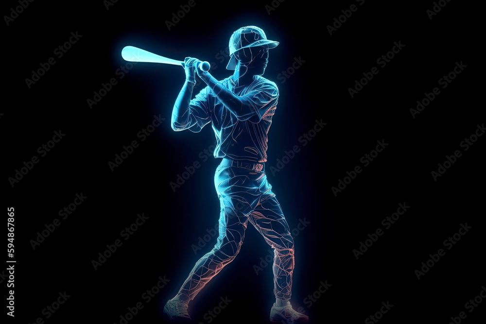 Silhouette, image of a baseball player with a bat on fire, blue hologram on a dark background. Sports concept Silhouette, image of a baseball player with a bat on fire, blue hologram on a dark background. Sports concept