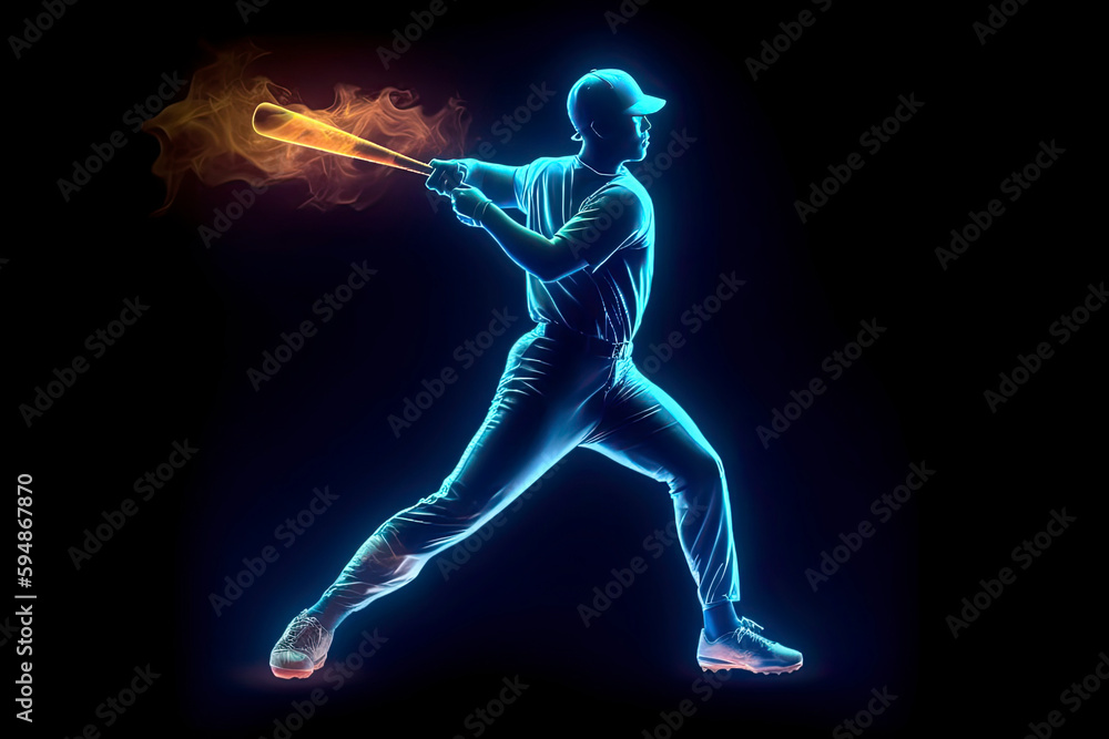 Silhouette, image of a baseball player with a bat on fire, blue hologram on a dark background. Sports concept