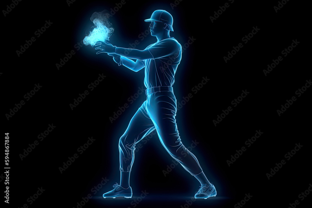 Silhouette, image of a baseball player with a bat on fire, blue hologram on a dark background. Sports concept