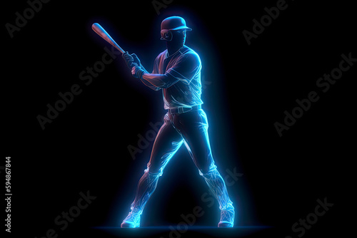 Silhouette, image of a baseball player with a bat on fire, blue hologram on a dark background. Sports concept