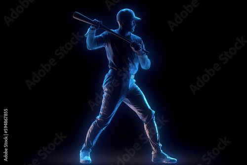 Silhouette, image of a baseball player with a bat on fire, blue hologram on a dark background. Sports concept © surassawadee