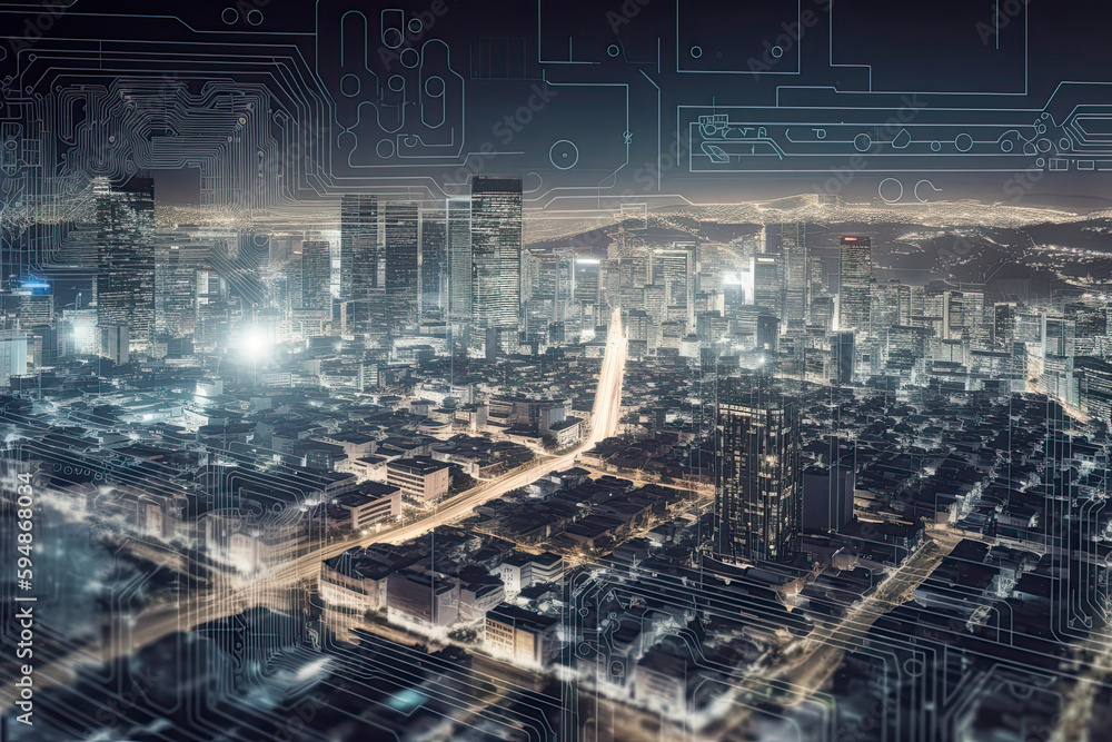 Naklejka premium Smart city on circuit board background. Futuristic cyberspace concept
