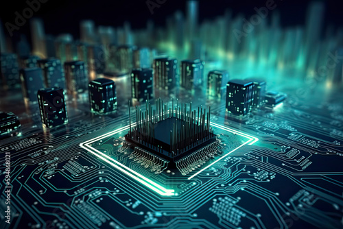 Smart city on circuit board background. Futuristic cyberspace concept