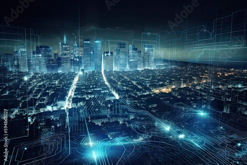 Smart city on circuit board background. Futuristic cyberspace concept