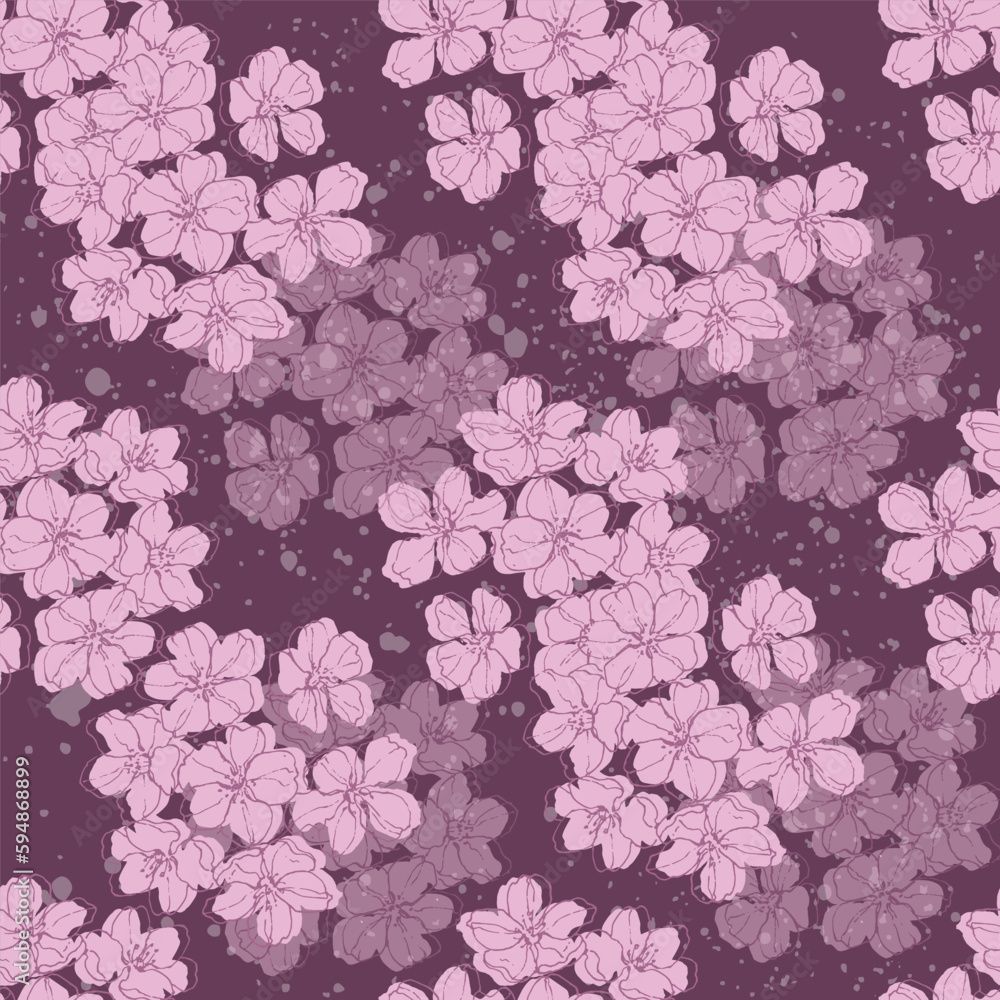 Seamless pattern Sakura with cherry tree blossom. Vintage hand drawn vector illustration in sketch style.