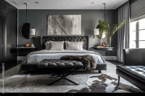 A modern take on Hollywood Regency Bedroom with a gray lacquered bed frame, cowhide rug, and minimalist decor, generative ai photo
