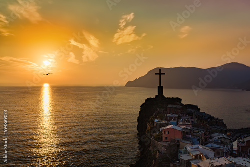 The crucifixion of the crucifixion of jesus christ on the cliffs and mountains. Sunset light. Selective focus.