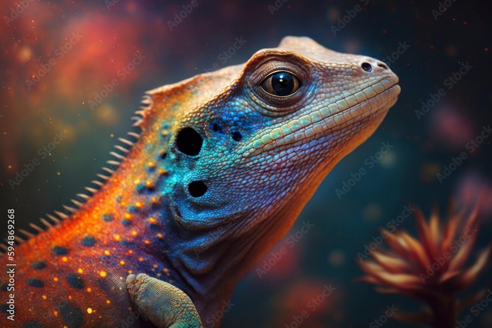 colorful lizard gecko in space surrounded by nebulas galaxy,  style of realistic hyper-detailed rendering, precisionist art animal portrait, generative ai