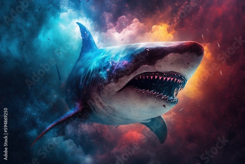 colorful shark in space surrounded by nebulas galaxy   style of realistic hyper-detailed rendering  precisionist art animal portrait  generative ai