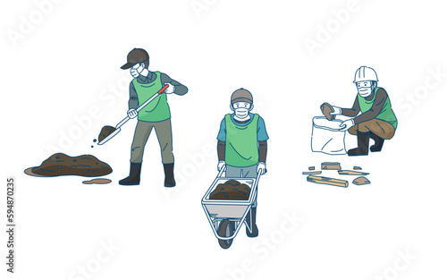 ボランティア活動　瓦礫や泥を撤去する人達　復興支援のイラスト