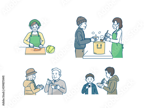 ボランティア活動の炊き出し　炊き出しを食べる人達のイラスト