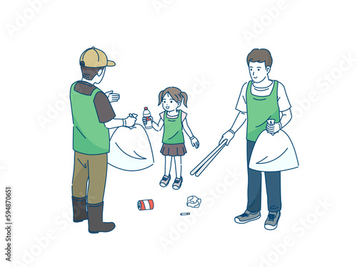 ボランティア活動　ゴミ拾いをする人達のイラスト