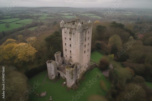 Blarney castle  Ireland drone aerial footage.. Generative AI photo