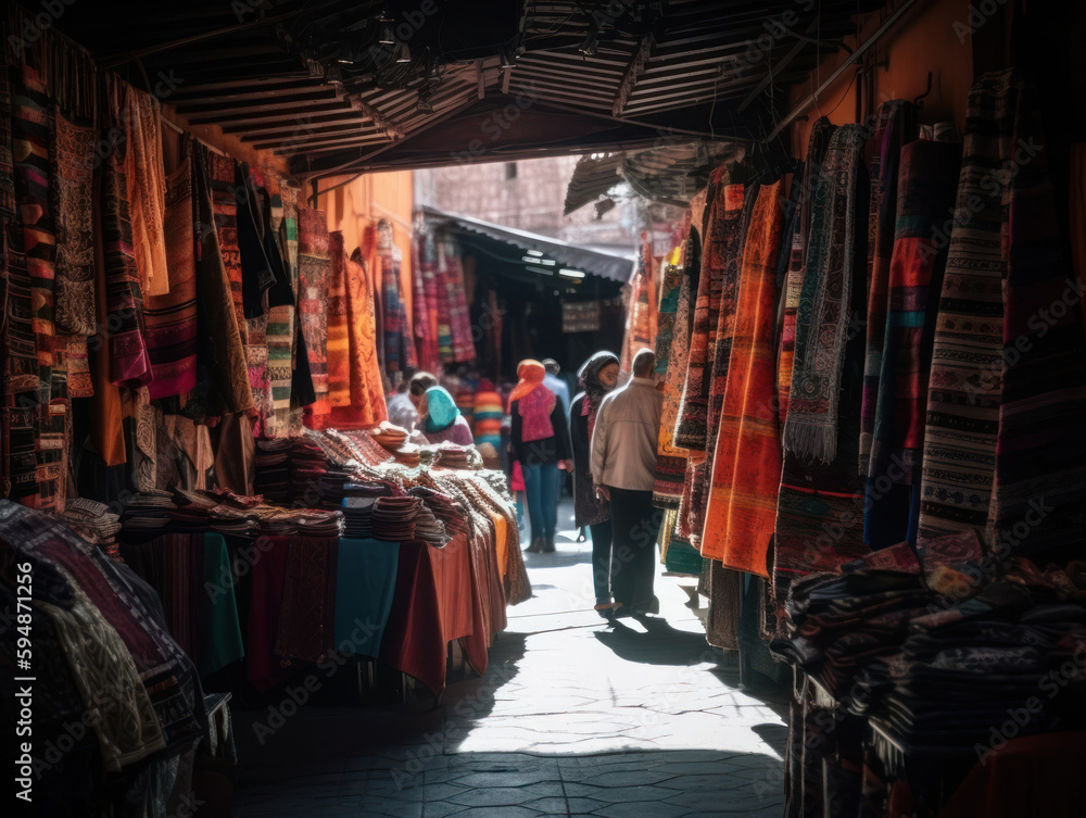A bustling street market in Marrakech vibrant textiles, Generative AI
