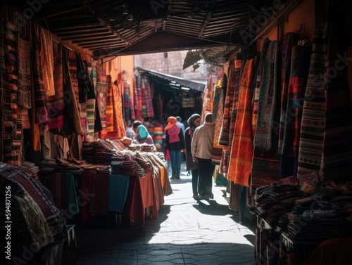 A bustling street market in Marrakech vibrant textiles, Generative AI © btiger