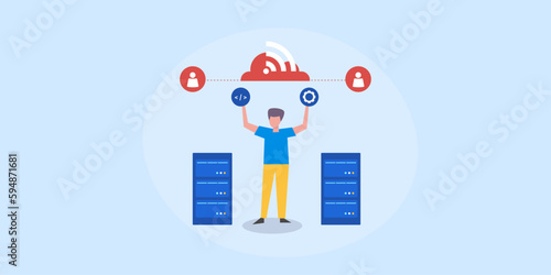 Cloud server hosting technology, Information technology manger works with datacentre secure network connection. vector illustration.