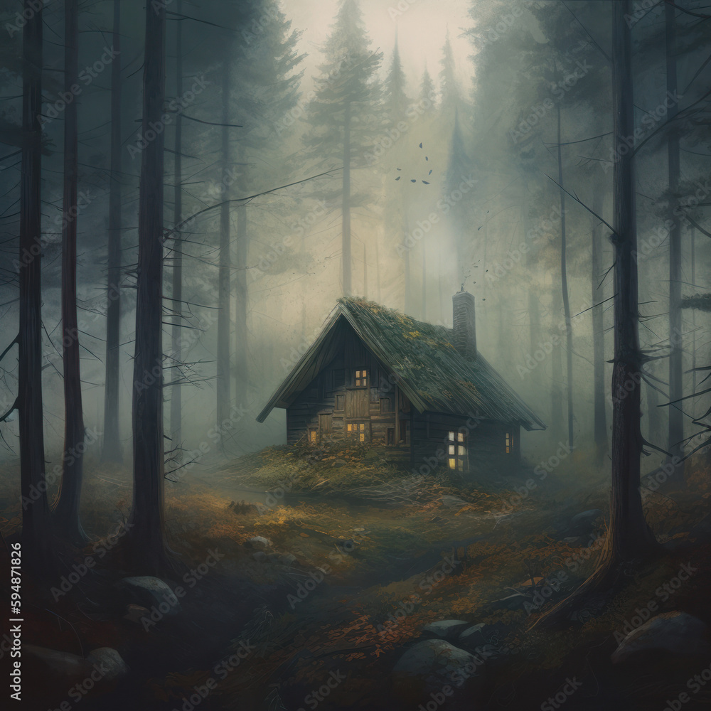 a cabin in a mystical forest with a foggy and must, Generative AI a cabin in a mystical forest with a foggy and must, Generative AI