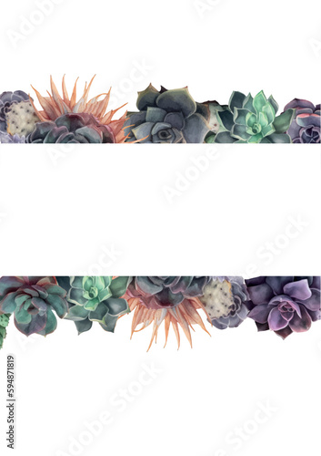 Watercolour floral frame with succulents with text space. inscriptions Gothic style of cacti, succulents. For design, printing of postcards, greetings, stickers on envelopes