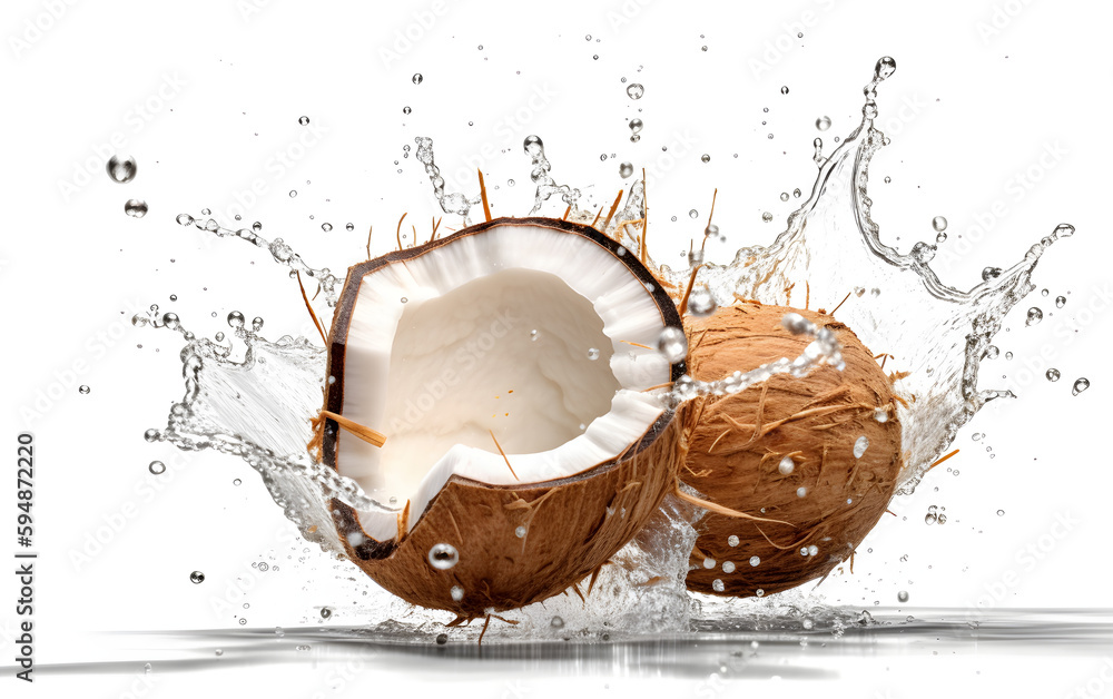 Fresh whole and half coconut fruit with water splash isolated on white