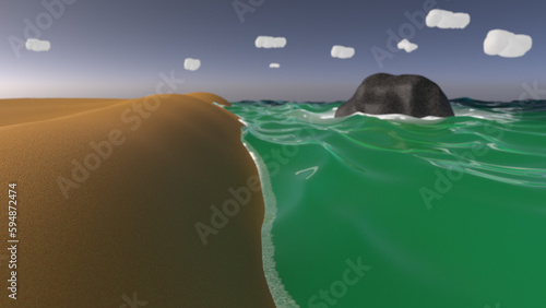 3d illustration of a sandy beach and of ocean water with waves and foam.