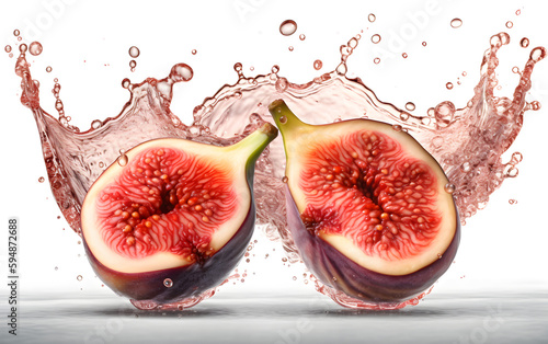 Half of the Fig fruit (Ficus carica) with water splash isolated on white background. Fresh fig fruit dropped into water with a splash. Generative AI.