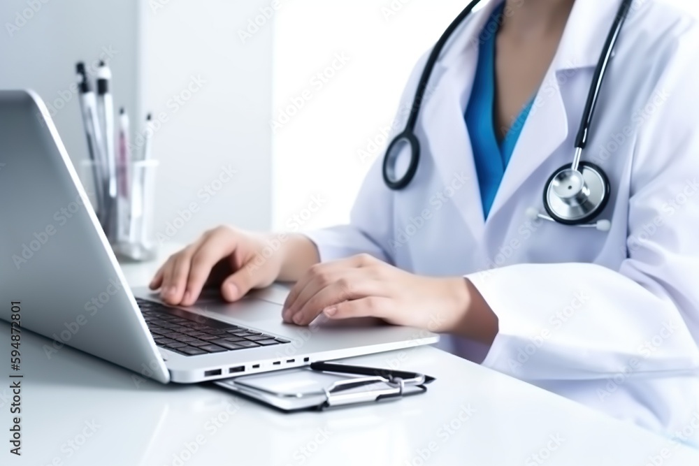 Doctor using laptop at desk in clinic. Generative AI. Doctor using laptop at desk in clinic. Generative AI.