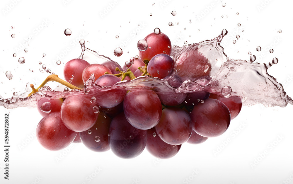 Fresh red grapes with water splash on white background. Red grapes dropped into water with a splash.
