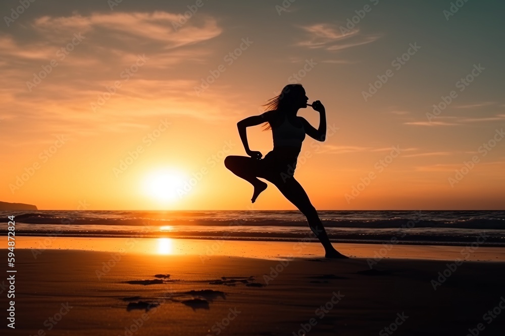 Silhouette young woman, exercise on the beach at sunset. Generative AI.