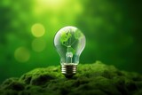 Renewable green energy. Green world map on the light bulb on green background. Generative AI.