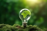 Renewable green energy. Green world map on the light bulb on green background. Generative AI.