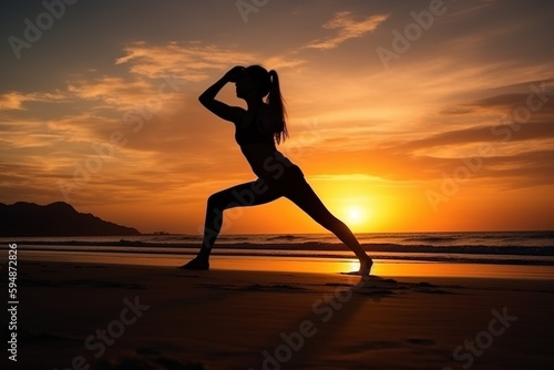 Silhouette young woman  exercise on the beach at sunset. Generative AI.