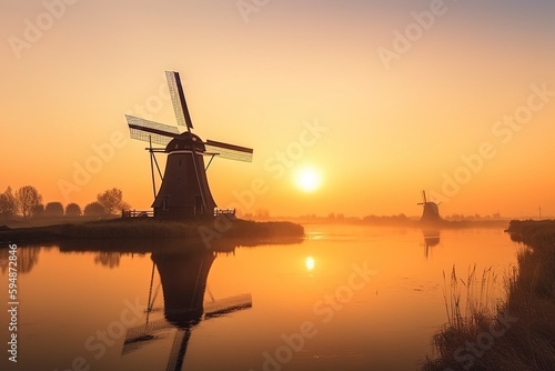 Landscape of Dutch Windmill. Generative AI.