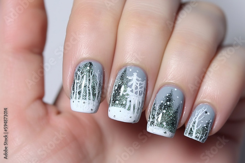 Nail design, snow forest on each nail. Generative AI.
