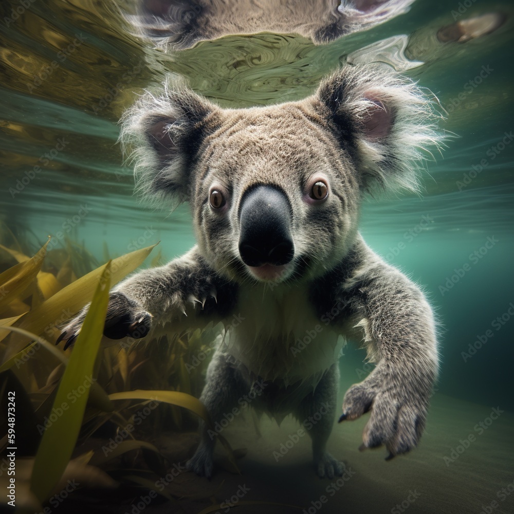 Obraz premium Koala swim under the water. Generative AI.