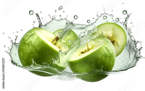 Half of the melon honeydew with water splash isolated on white background. Fresh melon honeydew dropped into water with a splash.