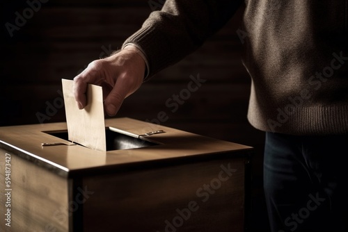 Hand of a person casting a vote into the ballot box during elections. Generative AI. © Bargais