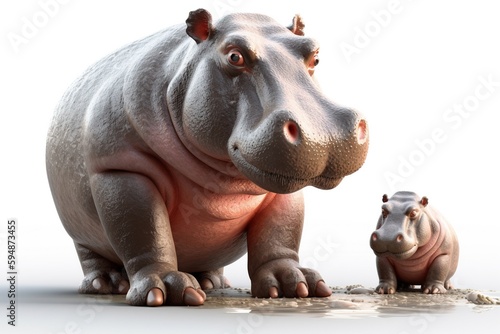 Cute mother and baby hippo. Generative AI.