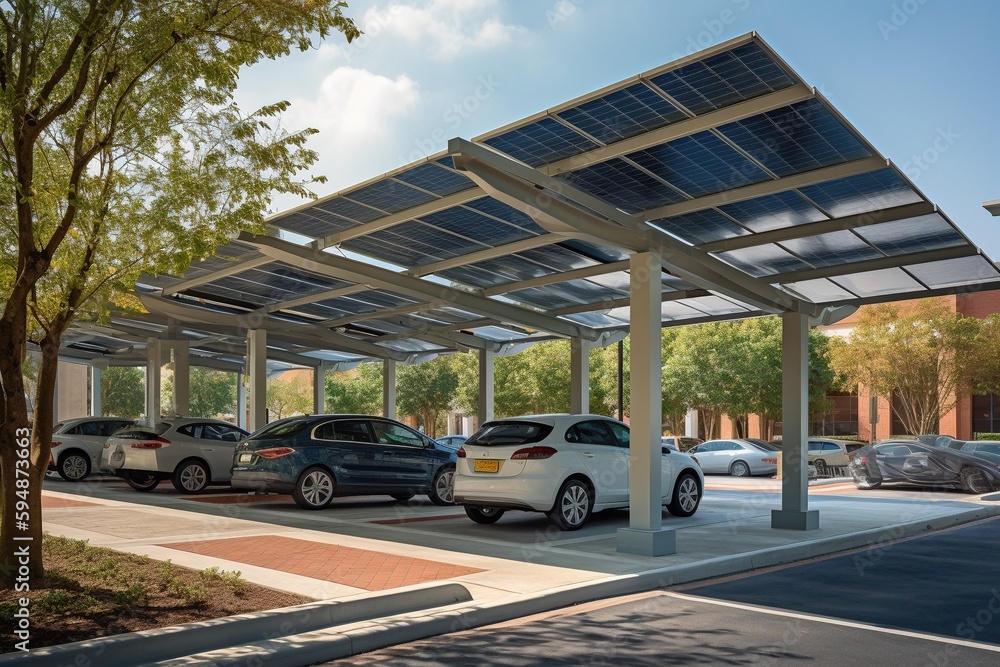 A modern solar carport for public vehicle parking is outfitted with ...