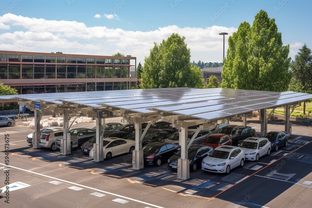 A modern solar carport for public vehicle parking is outfitted with ...