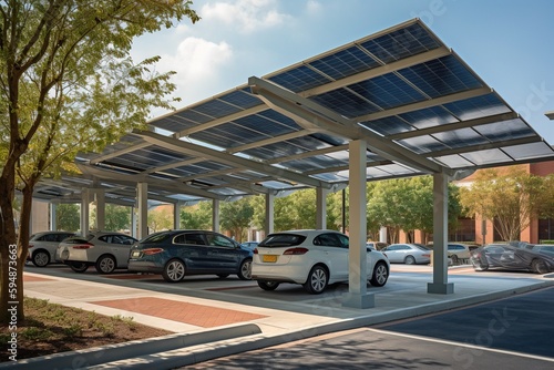 A modern solar carport for public vehicle parking is outfitted with solar panels producing renewable energy. Generative AI.