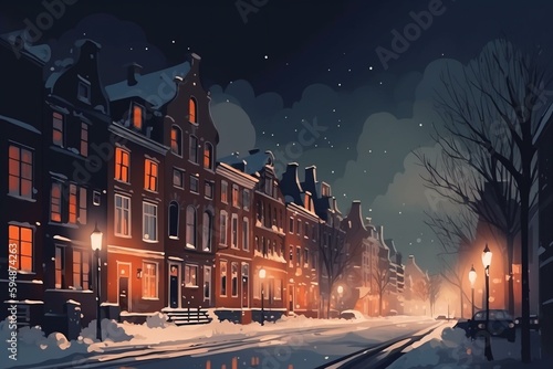 winter in the city,night in the city,night city street,view of the city,landscape with snow,house in the snow,winter landscape with houses. Generative AI