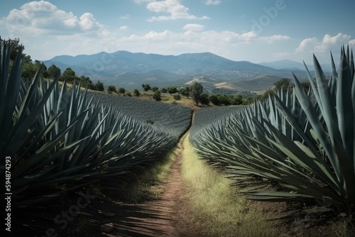 Beautiful view of the agave fields with vanishing point perspective. wonderful landscape in mountains. Tequila, Jalisco. Generative AI