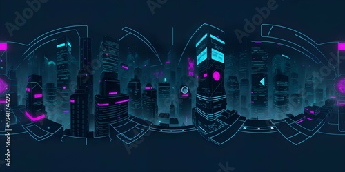 Full 360 degrees seamless spherical panorama HDRI equirectangular projection of Cyberpunk Night City Tron Future. Texture environment map for lighting and reflection source rendering 3d scenes.